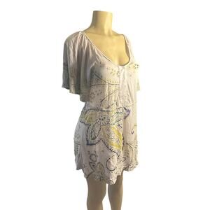 Women M Anthropologie Language Printed Tunic Top Mini Dress Blouse Drawstring